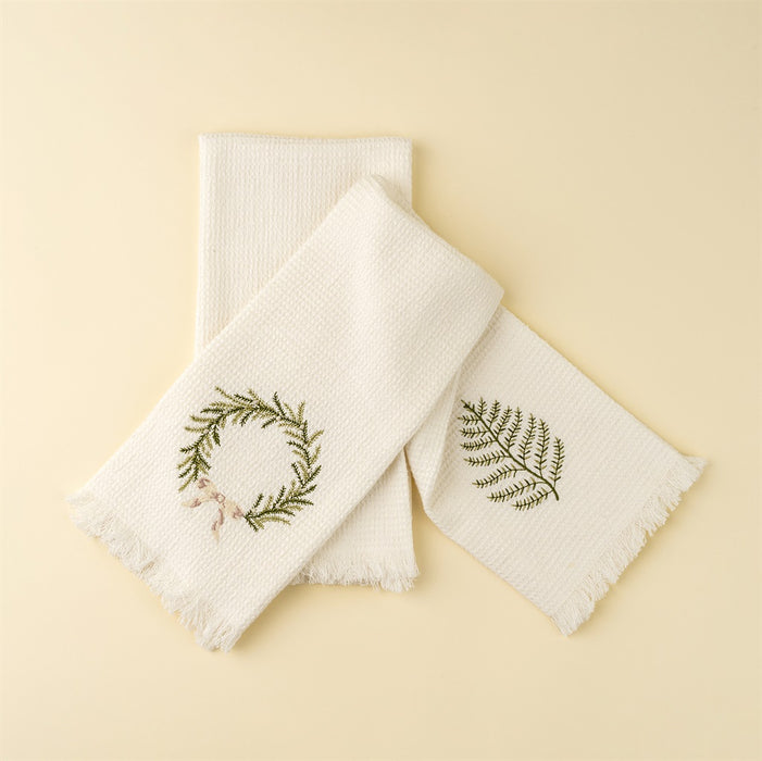 Embroidered Frond/Wreath Waffle Hand Towels S/2