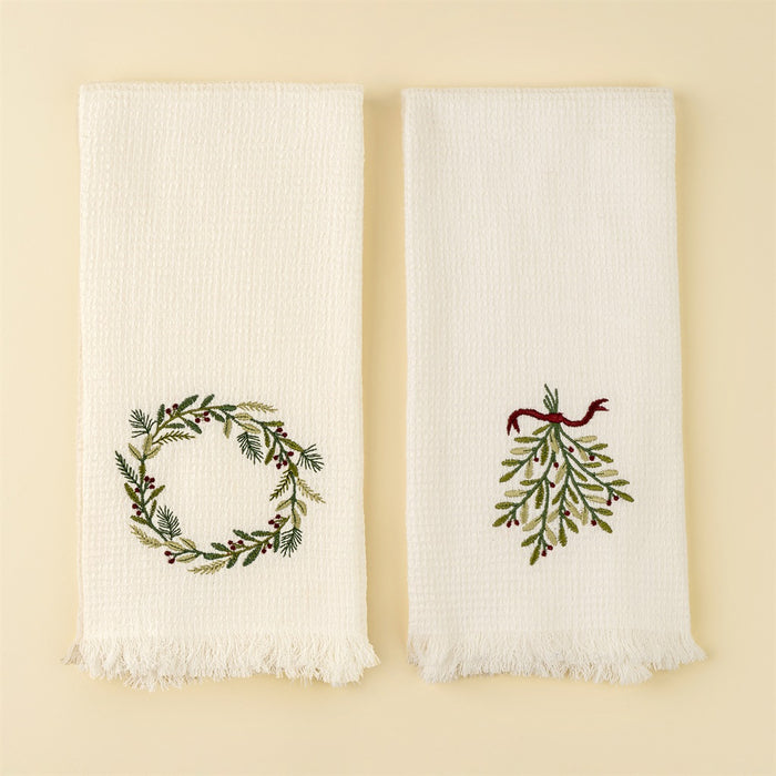 Embroidered Wreath/Mistletoe Waffle Hand Towels S/2
