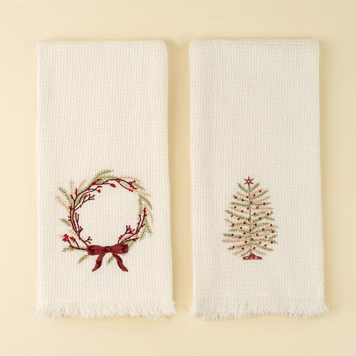 Embroidered Tree/Wreath Waffle Hand Towels S/2