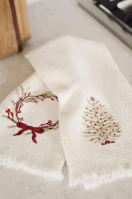 Embroidered Tree/Wreath Waffle Hand Towels S/2