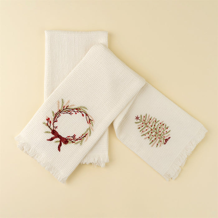 Embroidered Tree/Wreath Waffle Hand Towels S/2