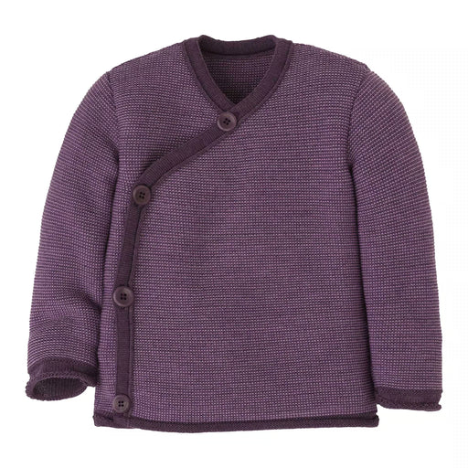 Purple Disana baby wrap jacket laid flat, with darker edging and an off-centre button closure.
