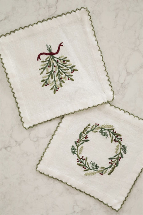 Embroidered Mistletoe/Wreath Cocktail Napkins S/4