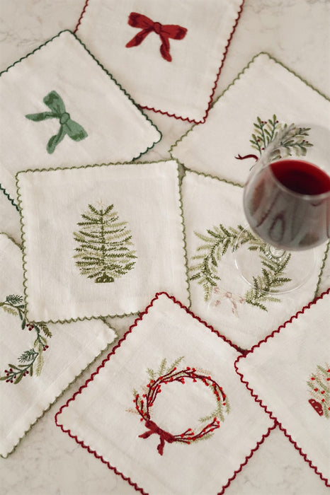 Embroidered Mistletoe/Wreath Cocktail Napkins S/4