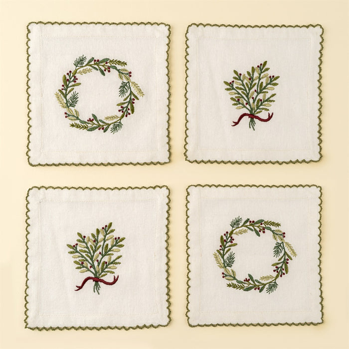 Embroidered Mistletoe/Wreath Cocktail Napkins S/4