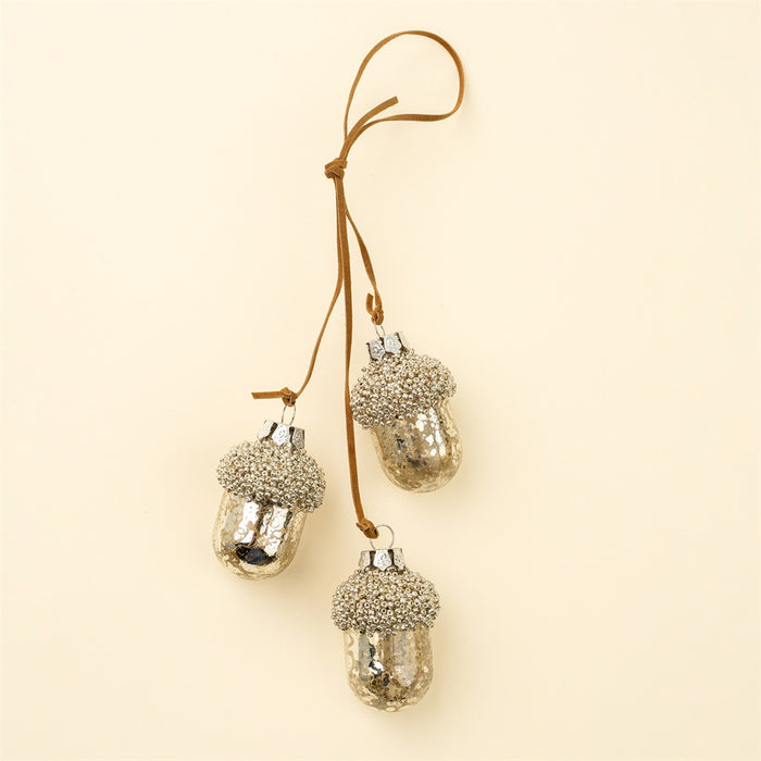 Glitter Acorn Bunch Glass Holiday Ornament