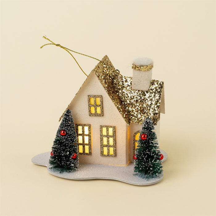 Glitter Led House Holiday Ornament, Cottage