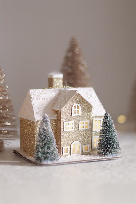 Glitter Led House Holiday Ornament, Gold Estate