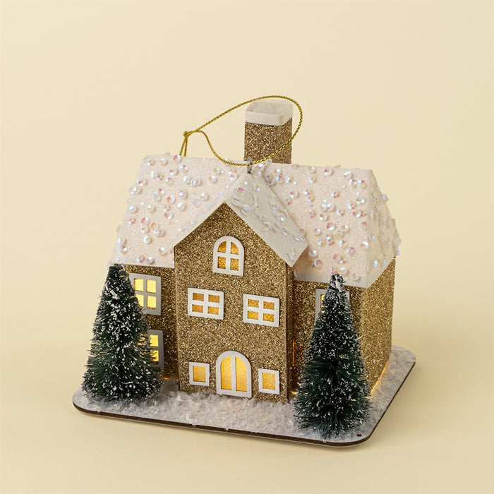 Glitter Led House Holiday Ornament, Gold Estate