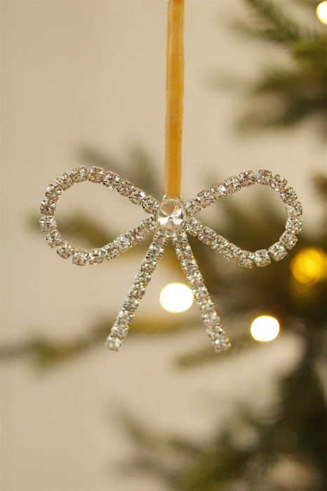 Crystal Bow Holiday Ornament, Silver