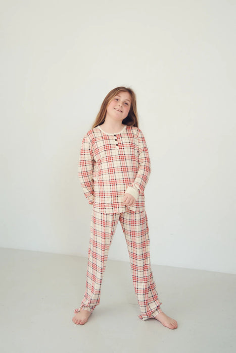YOUTH Henley Wide Leg Pant Set - CHRISTMAS TARTAN