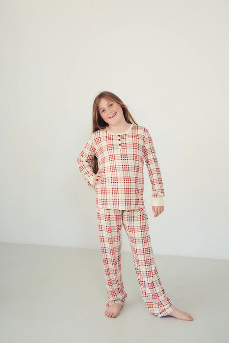 YOUTH Henley Wide Leg Pant Set - CHRISTMAS TARTAN
