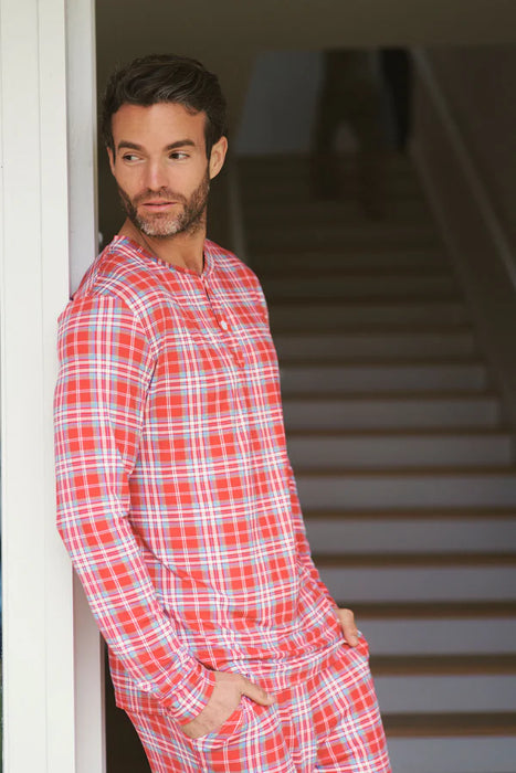 Men's Henley Jogger Set - Red Plaid