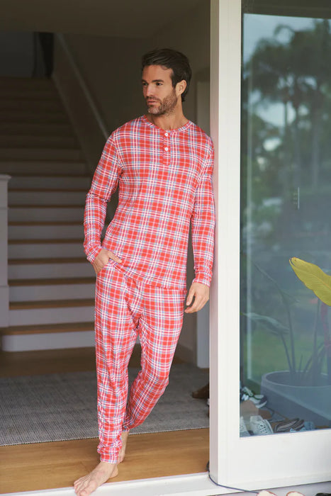 Men's Henley Jogger Set - Red Plaid