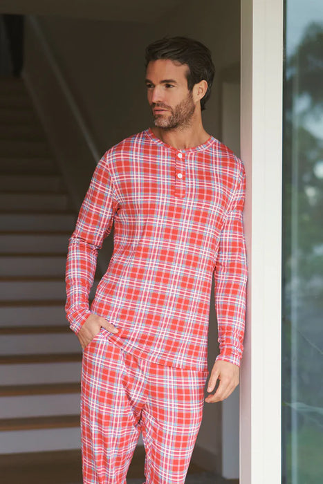 Men's Henley Jogger Set - Red Plaid