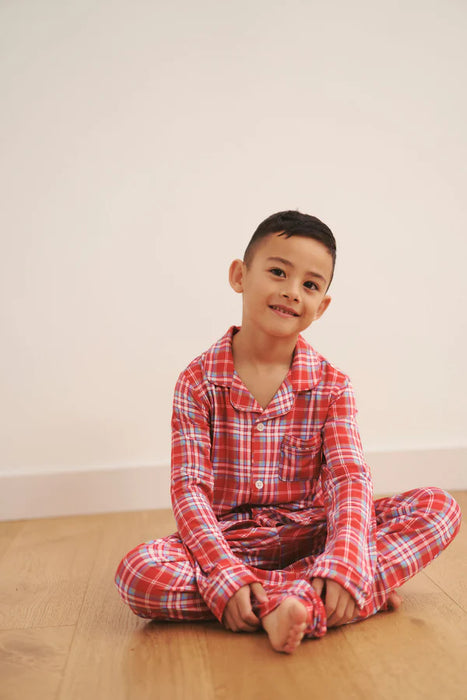 Kid's Collared Button Up Set - Red Plaid