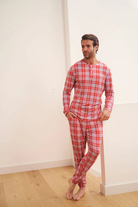 Men's Henley Jogger Set - Red Plaid