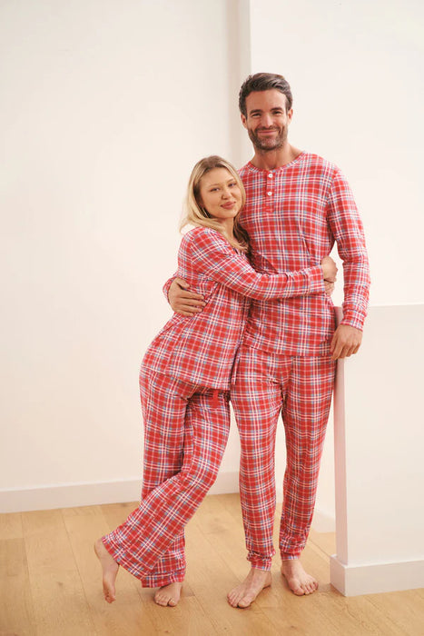 Men's Henley Jogger Set - Red Plaid