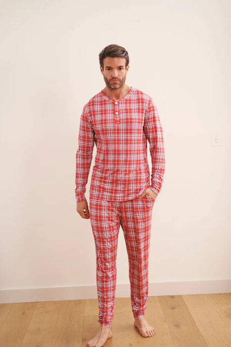 Men's Henley Jogger Set - Red Plaid