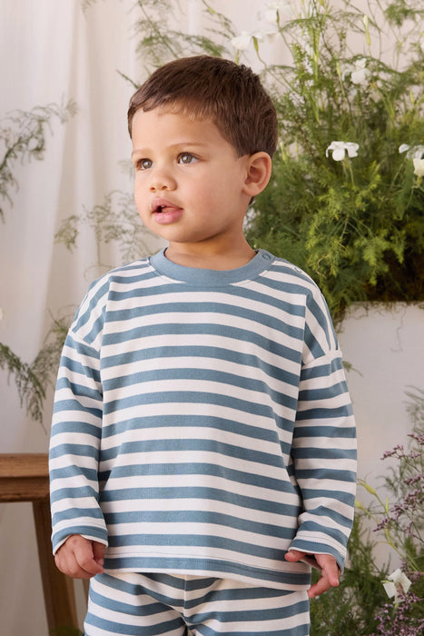 Pima Cotton Edward Long Sleeve Top - Essential Stripe Cloud/Honolulu