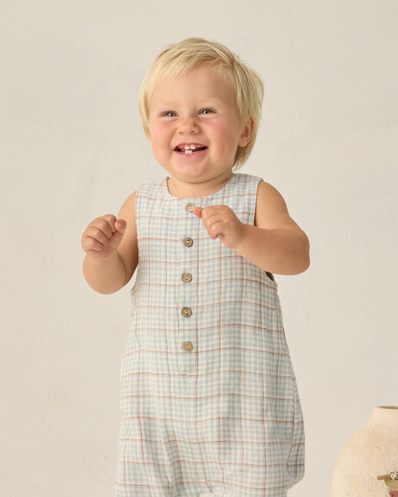 Button Jumpsuit Light Blue Plaid - Light-Blue