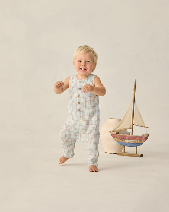 Button Jumpsuit Light Blue Plaid - Light-Blue