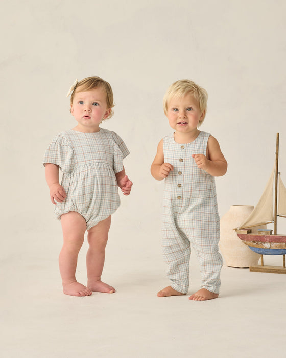 Button Jumpsuit Light Blue Plaid - Light-Blue