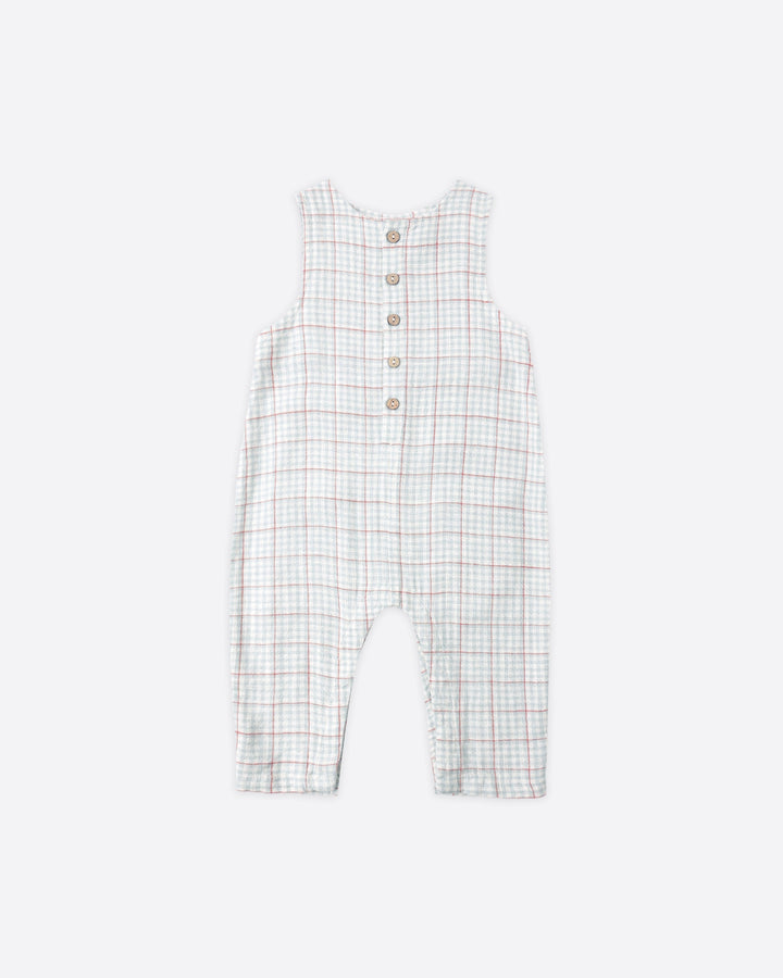 Button Jumpsuit Light Blue Plaid - Light-Blue