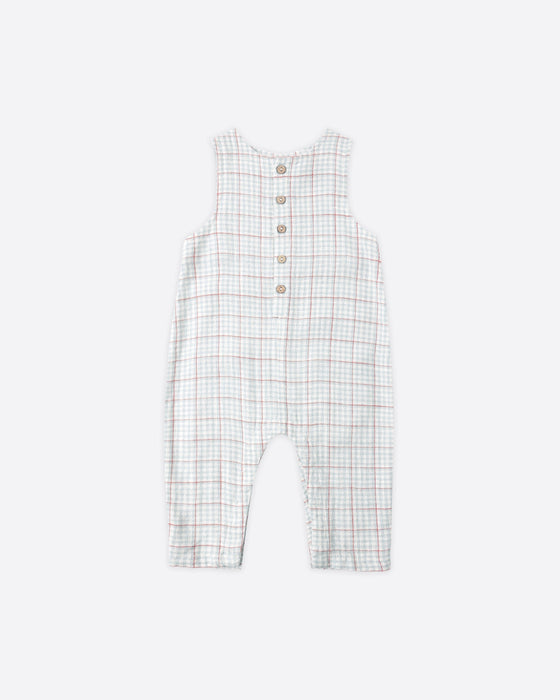 Button Jumpsuit Light Blue Plaid - Light-Blue
