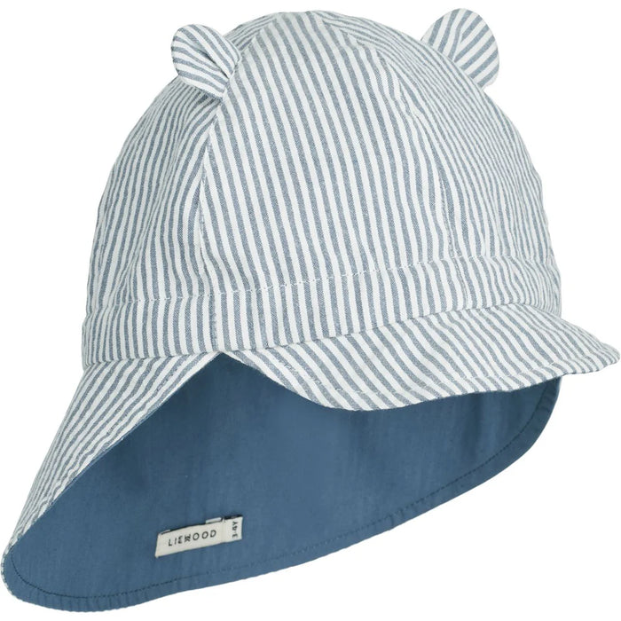 Gorm Seersucker Reversible Sun Hat With Ears - Blue Wave / Creme de la Creme