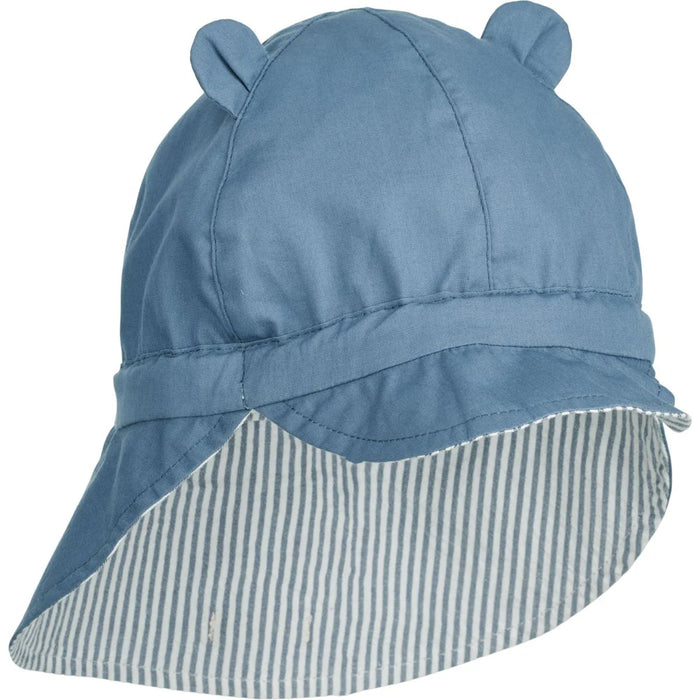 Gorm Seersucker Reversible Sun Hat With Ears - Blue Wave / Creme de la Creme