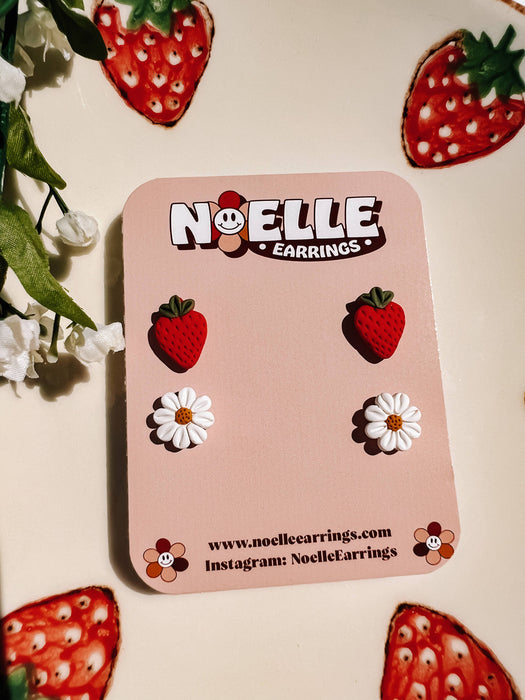 Strawberry & Daisy 2 Pc Stud Pack | Polymer Clay Earrings